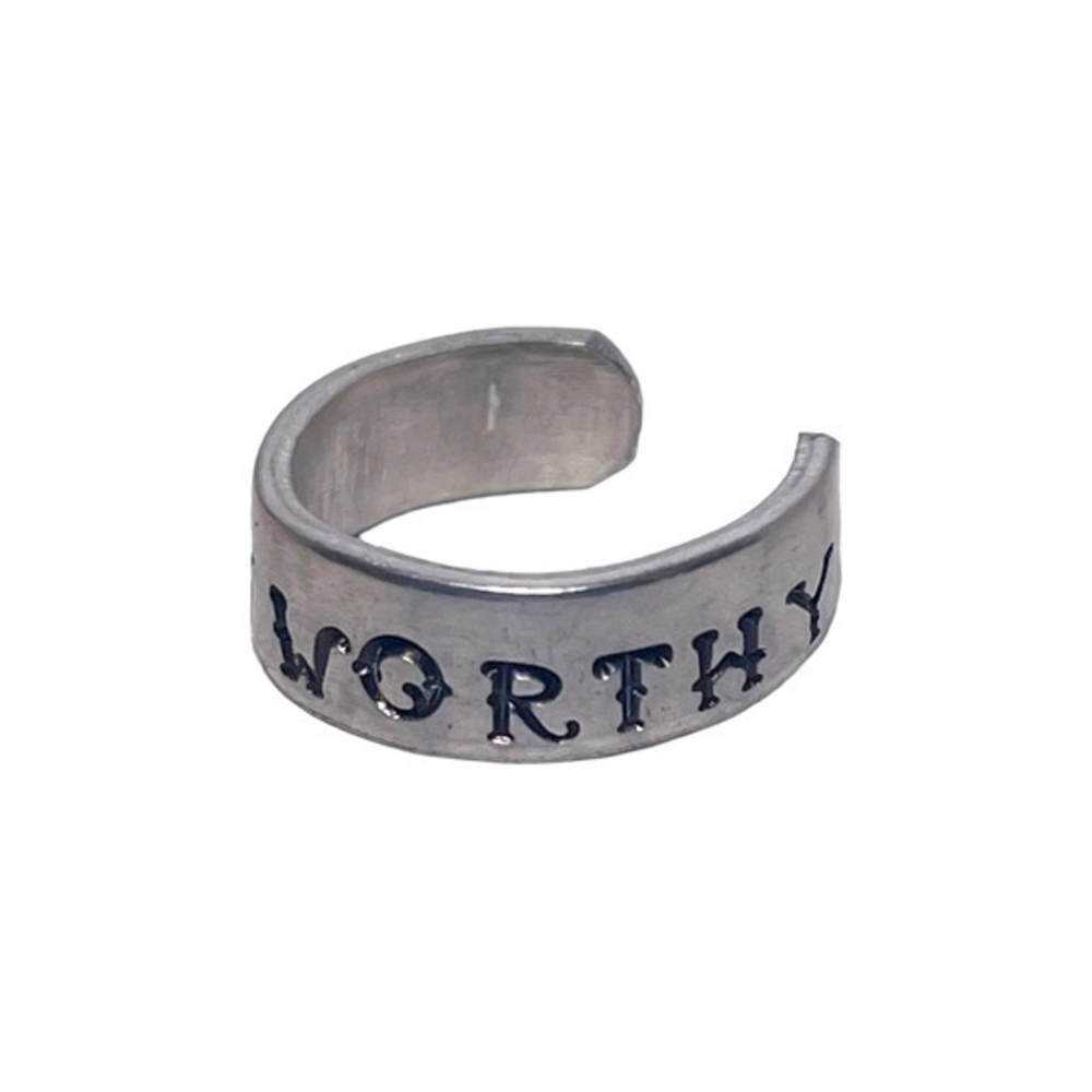 Handmade 7.5/8 stamped I am Worthy silver hypoallergenic adjustable ring